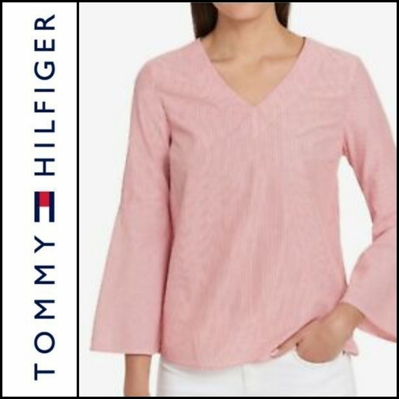NEW! TOMMY HILFIGER Striped V-neck Top Blouse Medium. - Picture 1 of 6